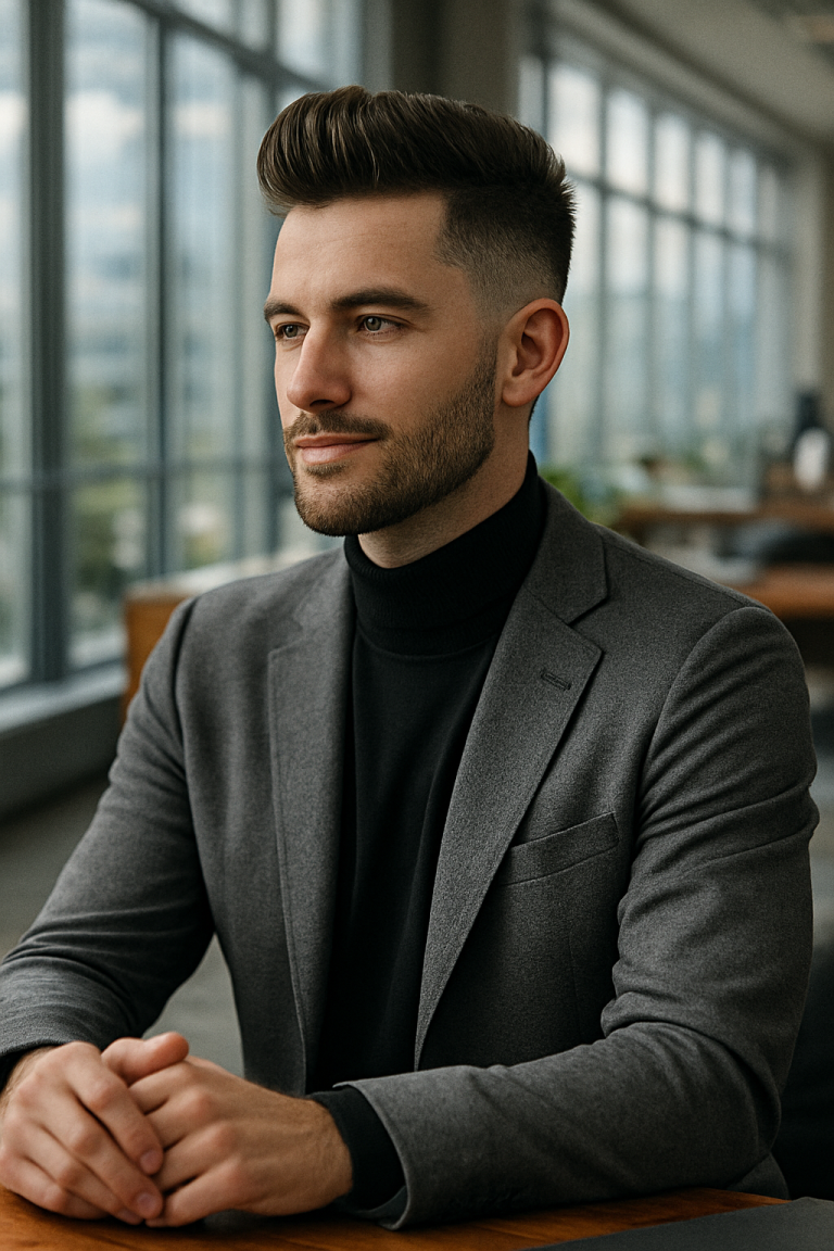 Pompadour High Fade with Short Beard style