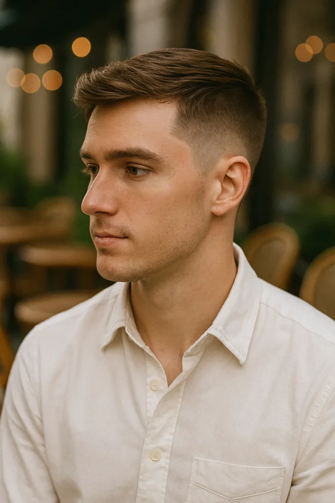 Sharp Side-Swept Short Top with Mid Bald Fade cut