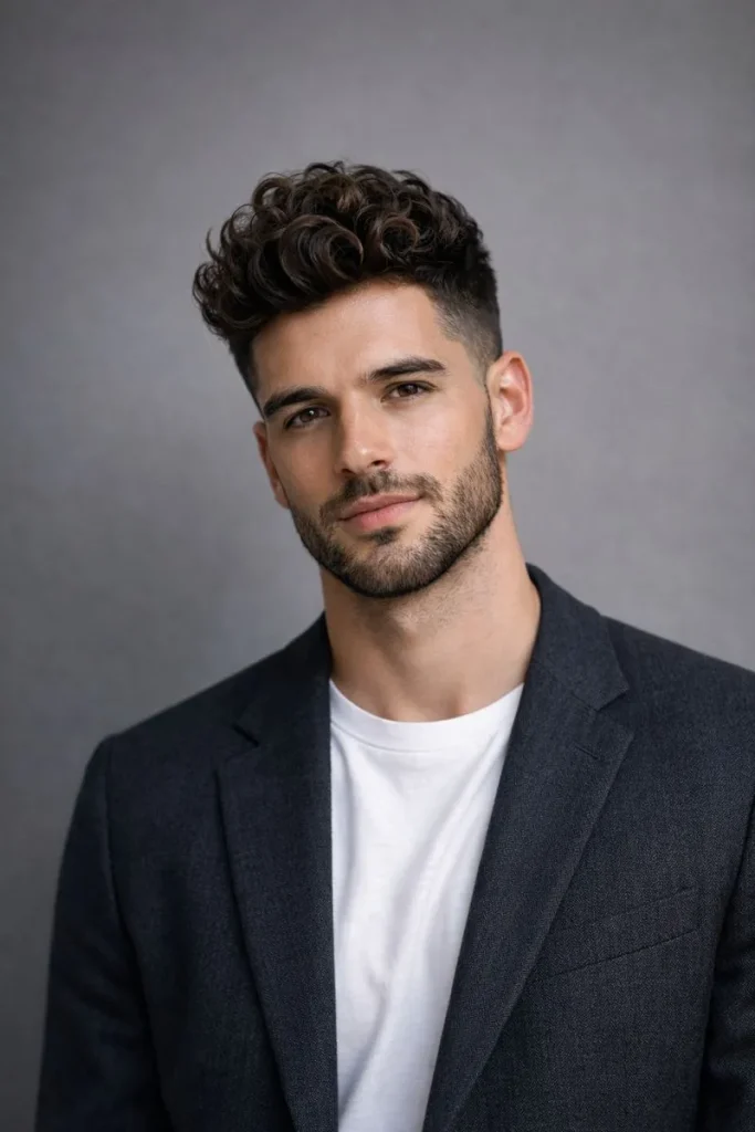 Curly Pompadour + Tight Beard Fade Style