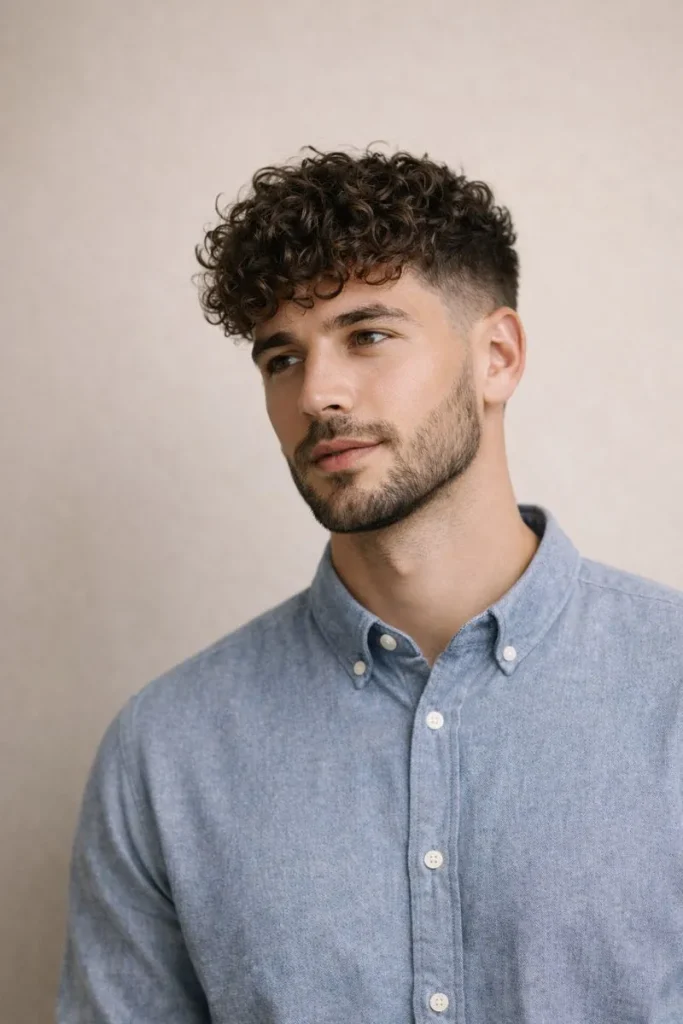 Curly Fringe + Low Fade Beard Style