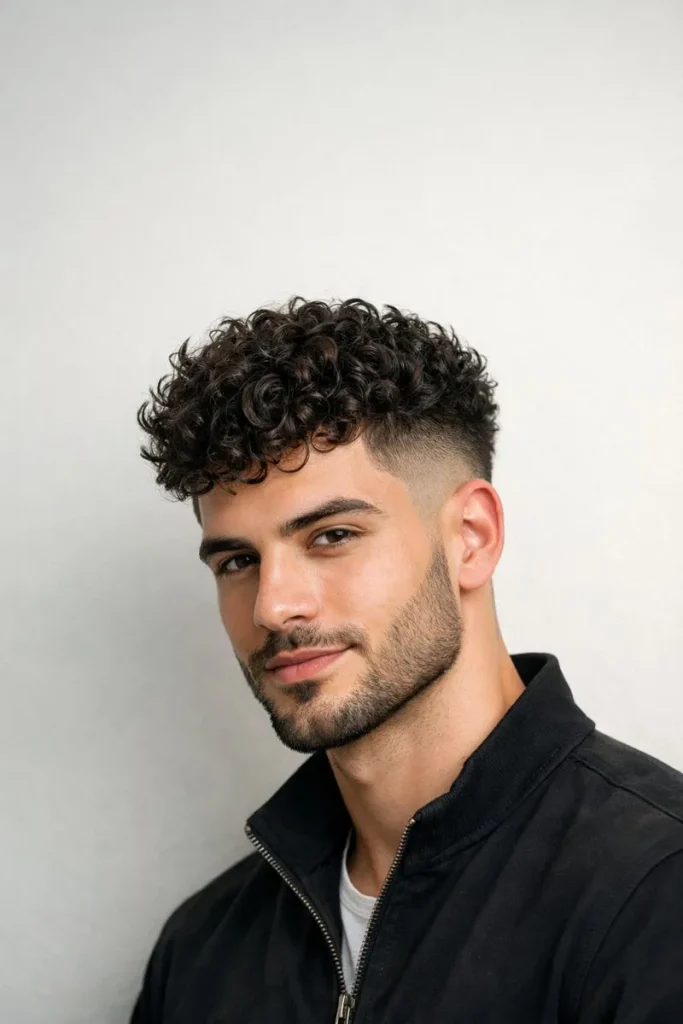 Curly Drop Fade + Defined Beard Line Style
