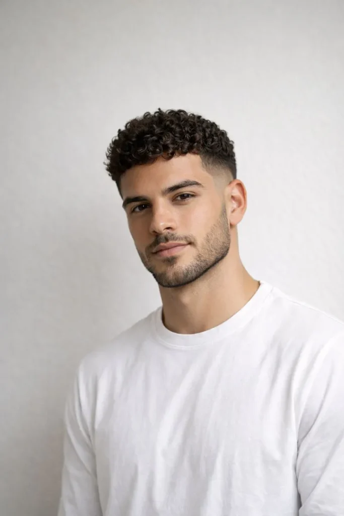 Curly Caesar Cut + Light Beard Style