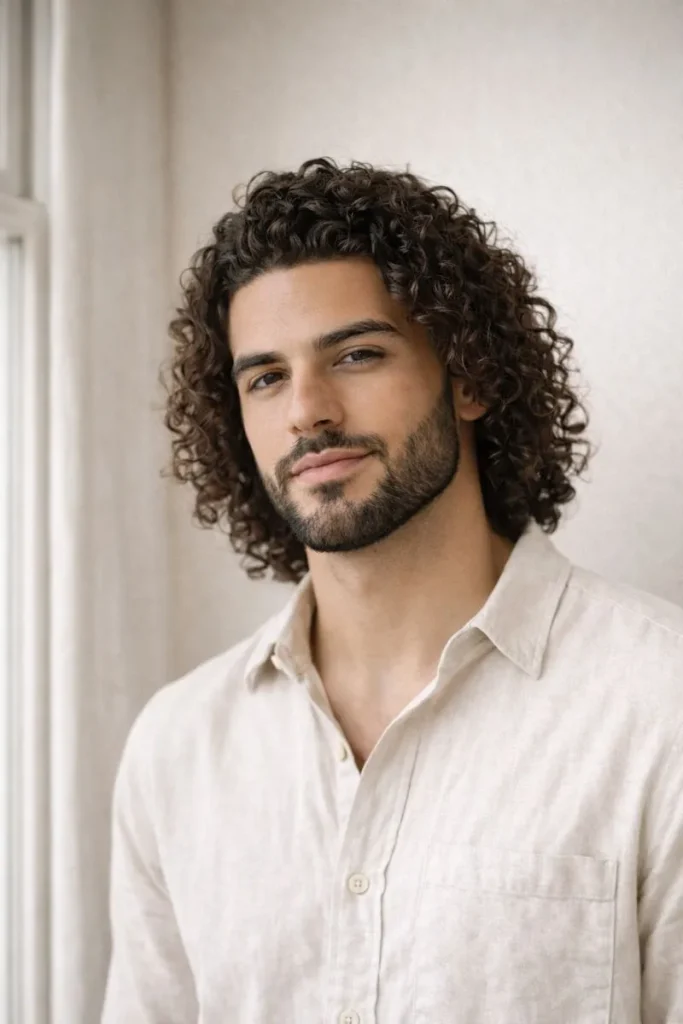 Long Curly Flow + Groomed Full Beard Style