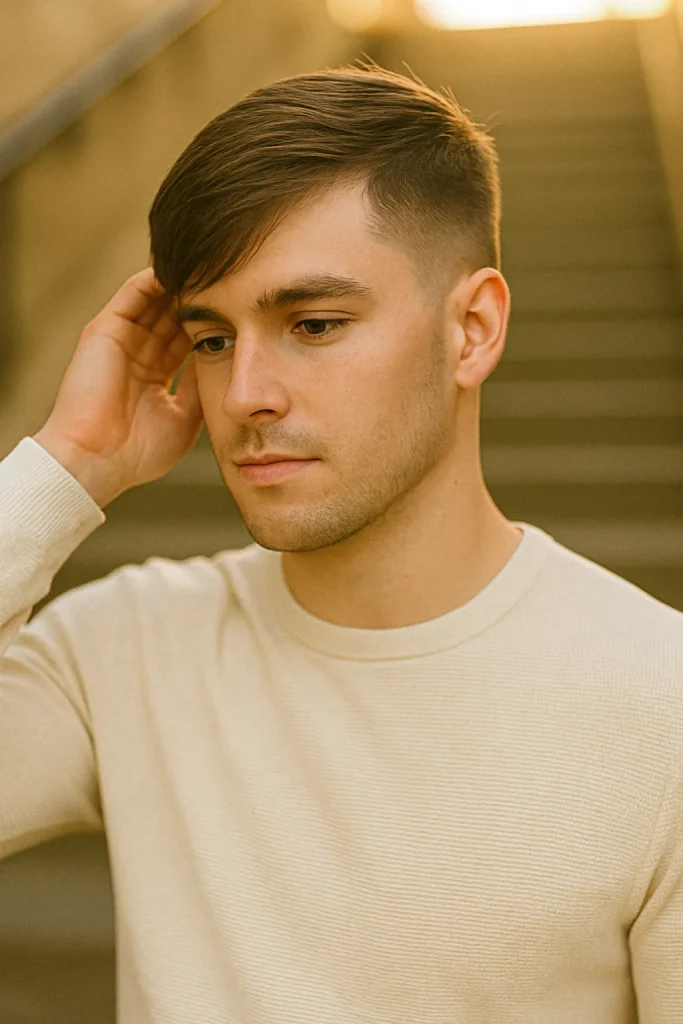 Low Fade with Side Swept Bangs Style
