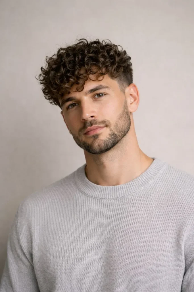 Medium Curly Layers + Tapered Beard Style