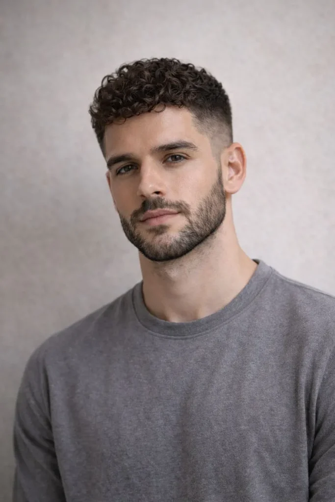 Short Tight Curls + Beard Fade Style