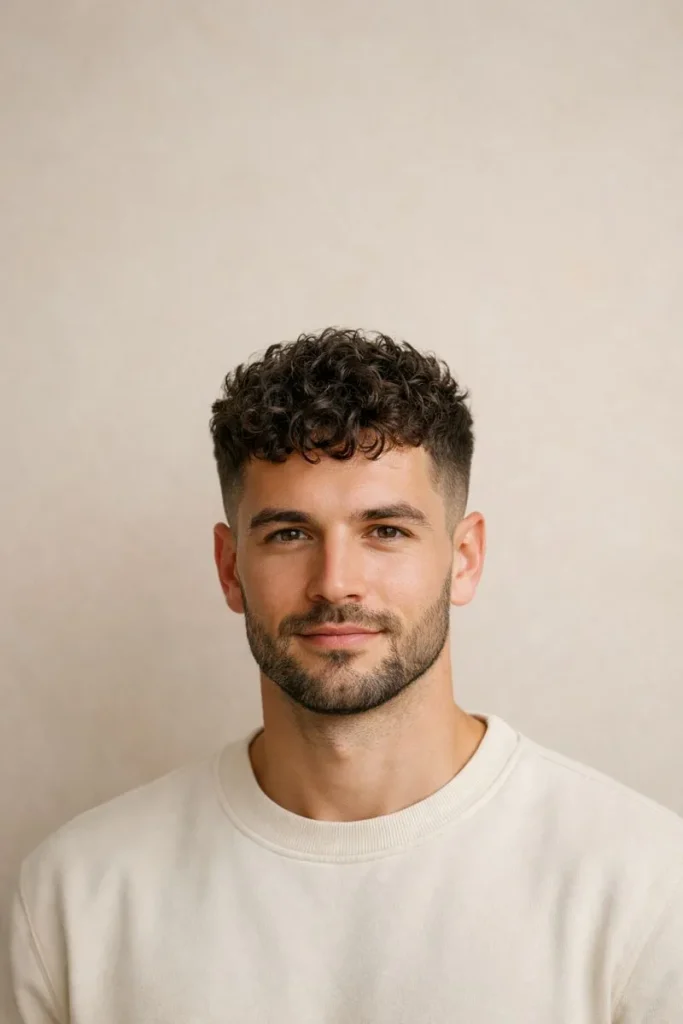 Short Curly Crop + Sculpted Short Beard Style