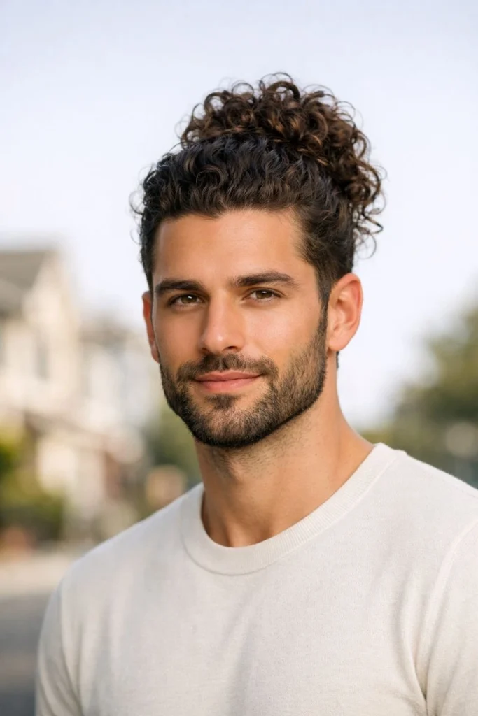 Curly Bun with Defined Beard Style