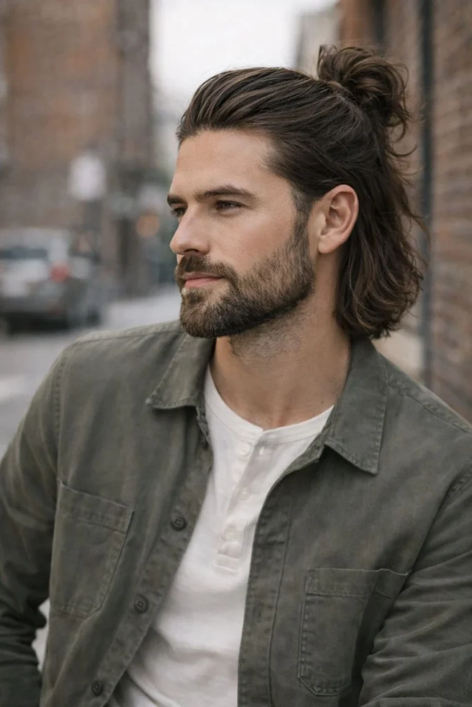 Half-Up Bun with Tapered Beard Style