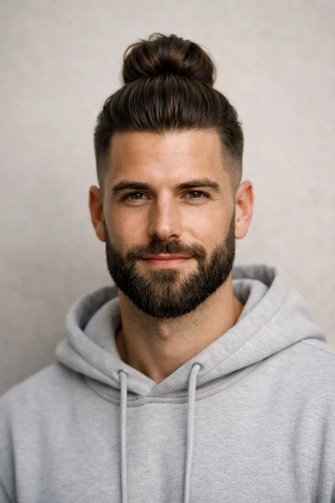 High Bun with Rounded Beard Style
