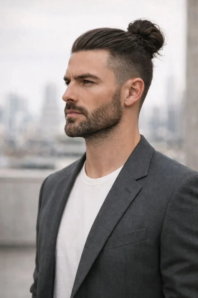 High Man Bun with Sculpted Short Beard Style