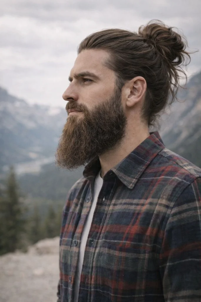 Loose Bun with Long Flowing Beard Style