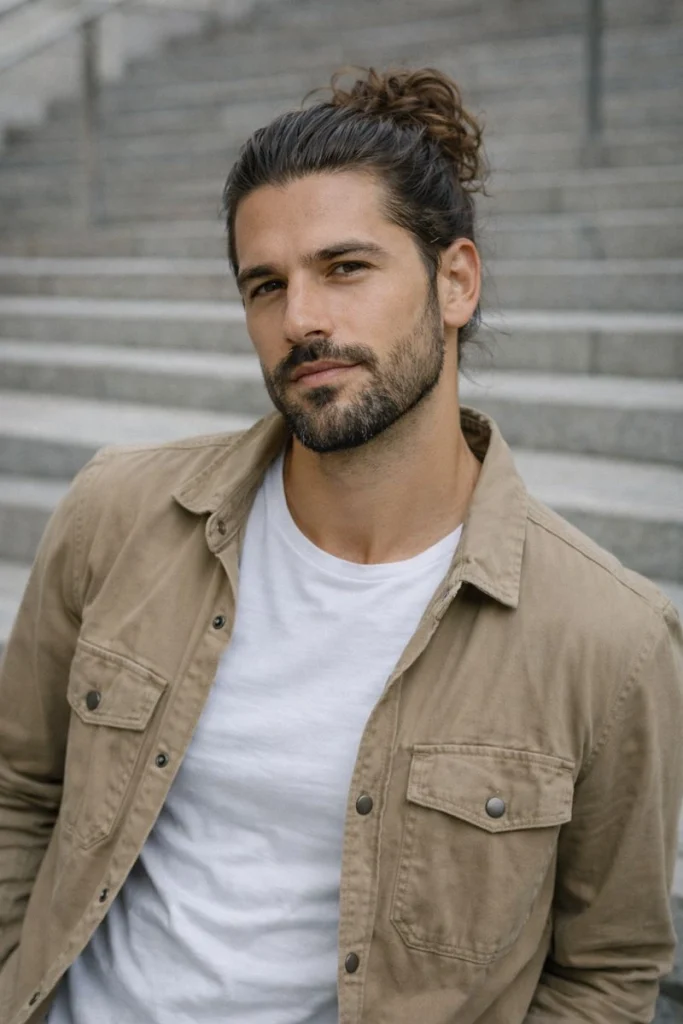 Loose Bun with Stubble Beard Style