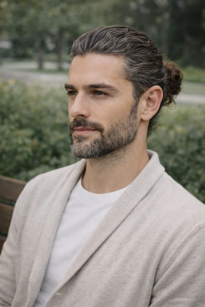 Low Bun with Salt-and-Pepper Beard Style