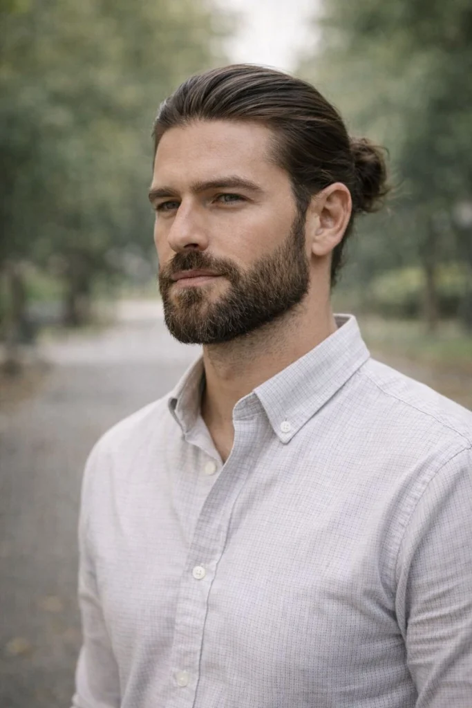 Low Knot Bun with Classic Gentleman Beard Style