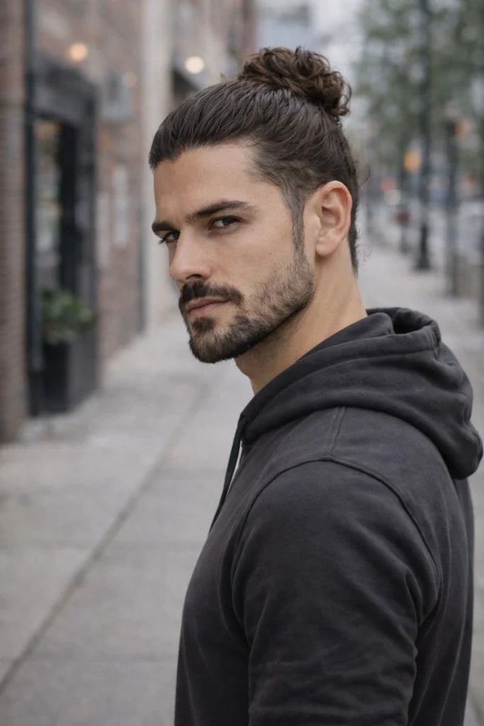 Man Bun with Chin Strap Beard Hybrid Style