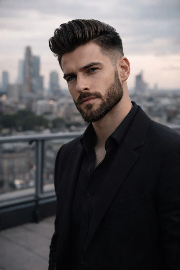 Mid Fade Pompadour + Classic Beard Style