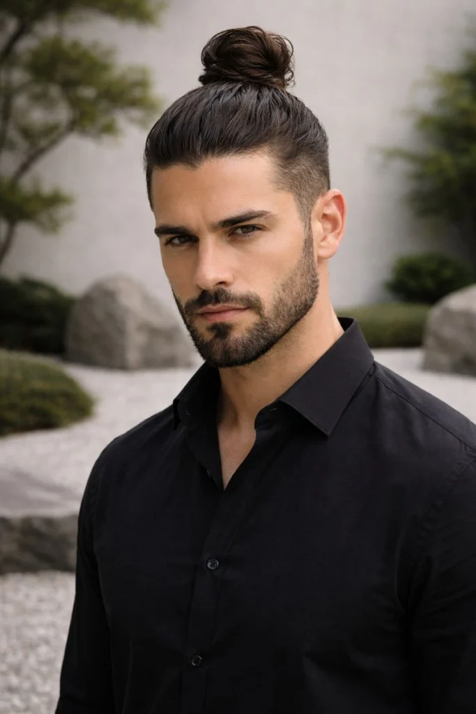 Samurai-Inspired Bun with Sharp Beard Style