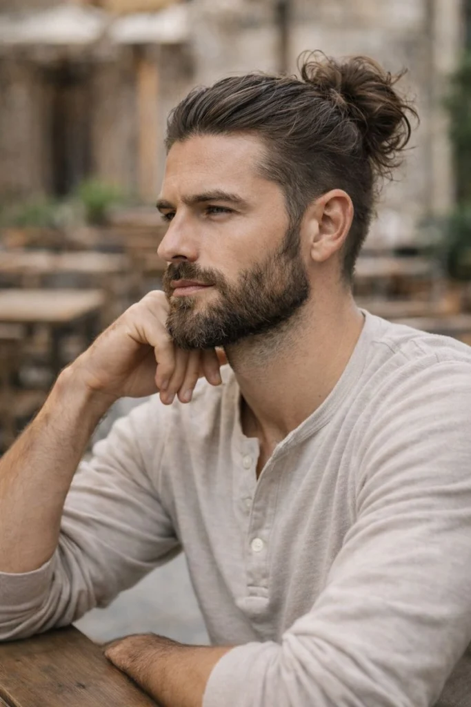 Textured Messy Bun with Rugged Beard Style